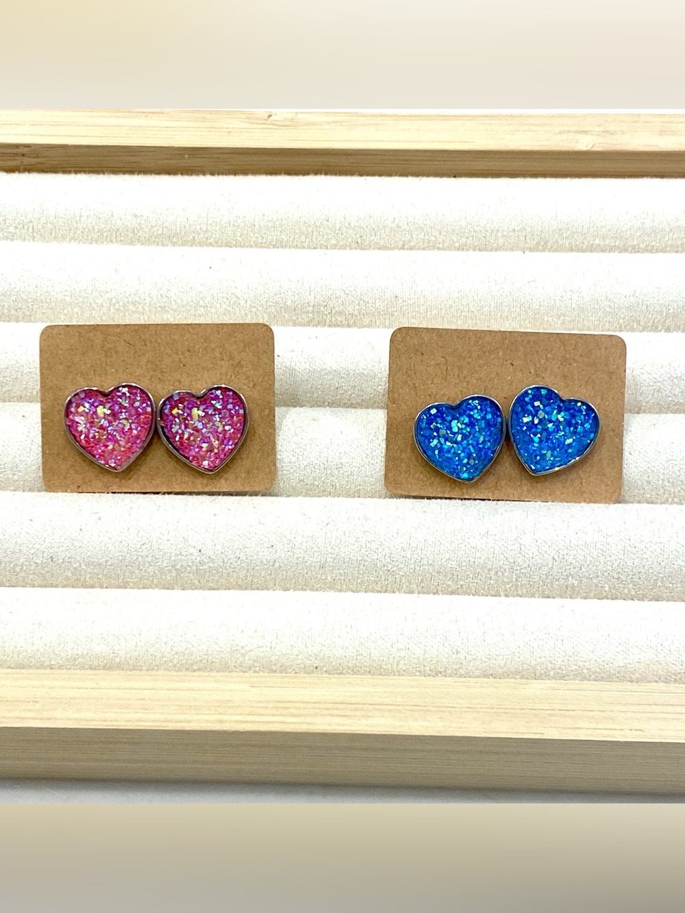 Heart Druzy Stud Earrings - Pink and Blue